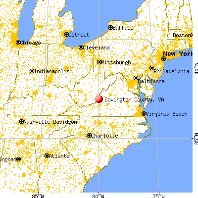 Covington city, VA map from a distance