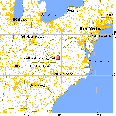 Radford city, VA map from a distance