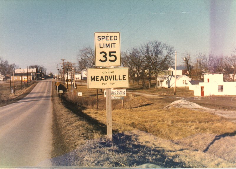 Meadville, MO: Meadville city limit sign (circa 1974)