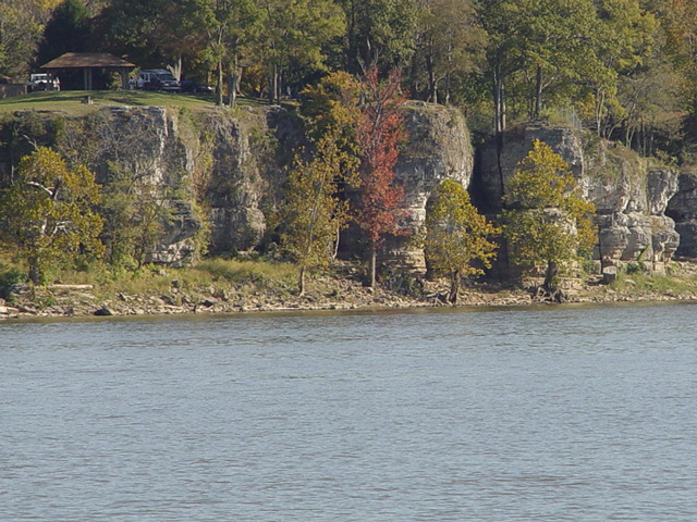 Cave-In-Rock, IL: medium zoom of Cave In Rock park from the river...