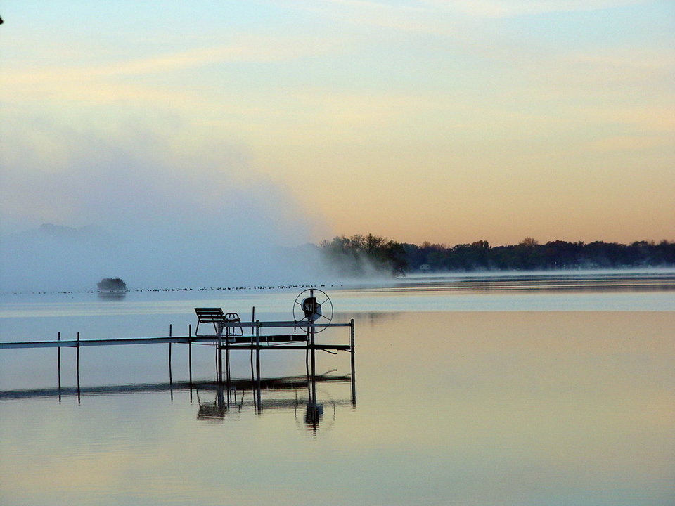 Cedar Lake, IN: Sunrise on Cedar Lake Fall 2003, hunting blind & fog bank