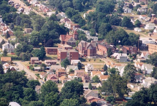 Springdale, PA: Three churches and surrounding neighborhood in Springdale, PA