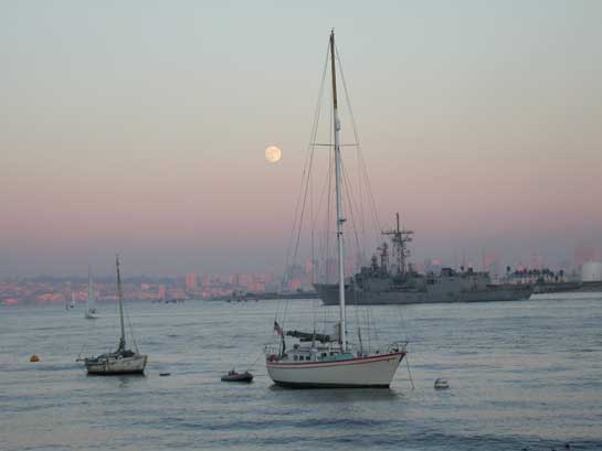 San Diego, CA: Shelter Island view of the city at dusk with the moon rising on Nov. 7, 03