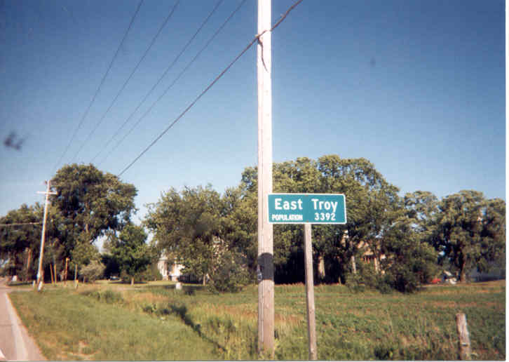East Troy, WI: Sign as one enters town. Taken around 6/2001