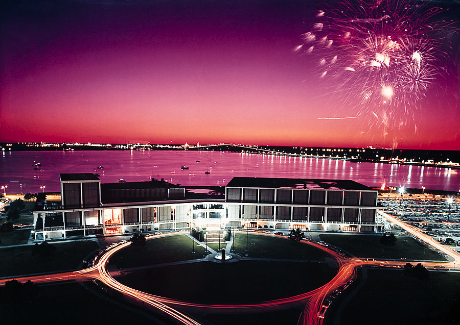 Lake Charles, LA: Photo of the Lake Charles Civic Center during Contraband Days with Fireworks behind it