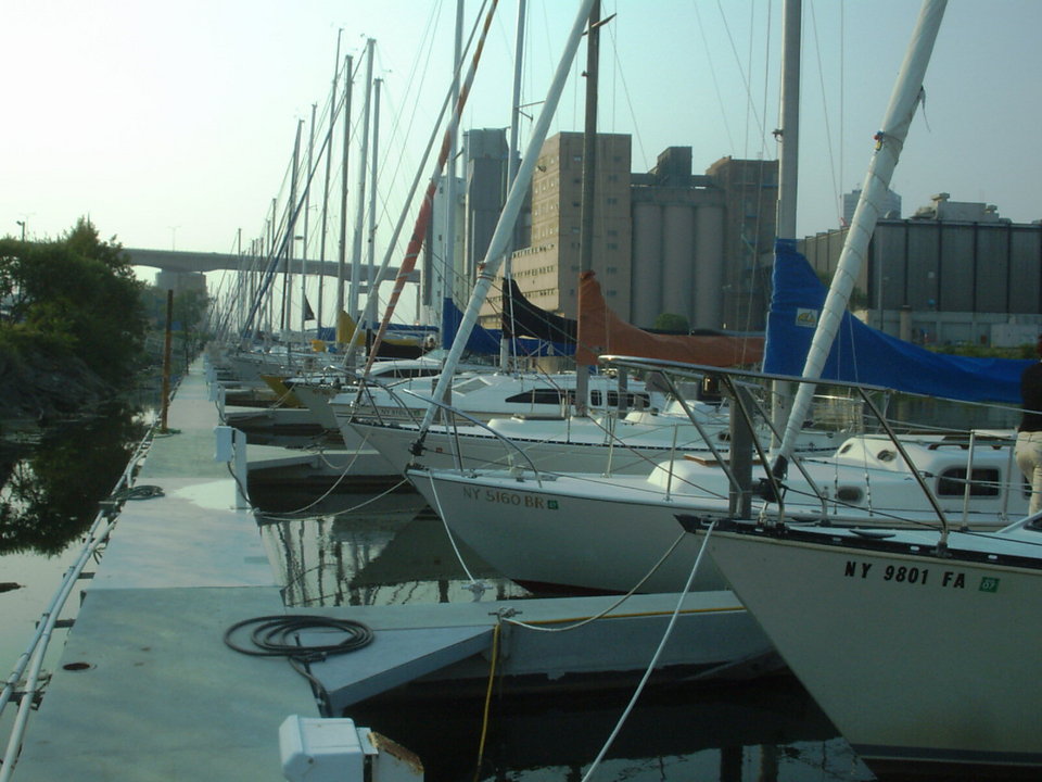 Buffalo, NY: Marina and Grain Elevators on the Buffalo River, w/ Skyway bridge in background