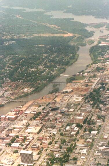 Columbus, GA: Columbus, Ga aerial view facing North. To left, Phenix City Ala. across River.