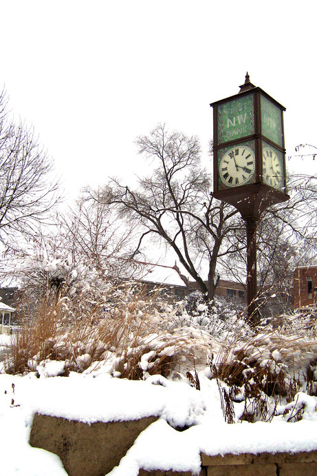 Winona, MN: The clock tower on the Winona State University campus after a March snow