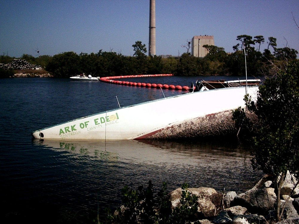 Holiday, FL: Here lies a half submerged sailboat at the Anclote River Park which provides homes for wild life like birds.
