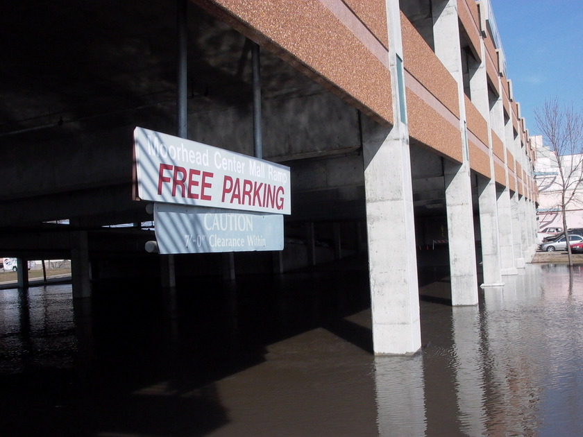 Moorhead, MN: Flooded parking ramp at Moorhead Center Mall from the Red River