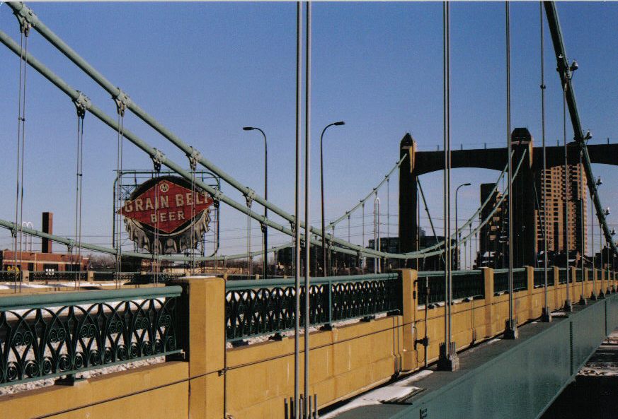 Minneapolis, MN: The famous Grain Belt Beer sign from the Hennipin Avenue Bridge, Minneapolis, MN