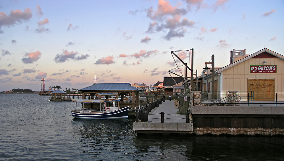 The Villages, FL: Sumter Landing and Lake Sumter at dusk