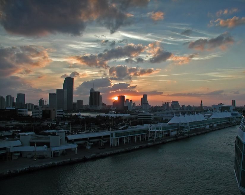 Miami, FL: The downtown Miami skyline at sunset from thePort of Miami.