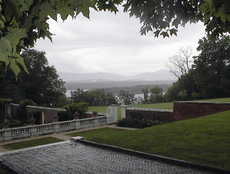 Red Hook, NY: Garden At Blithewood-Hudson river in the background