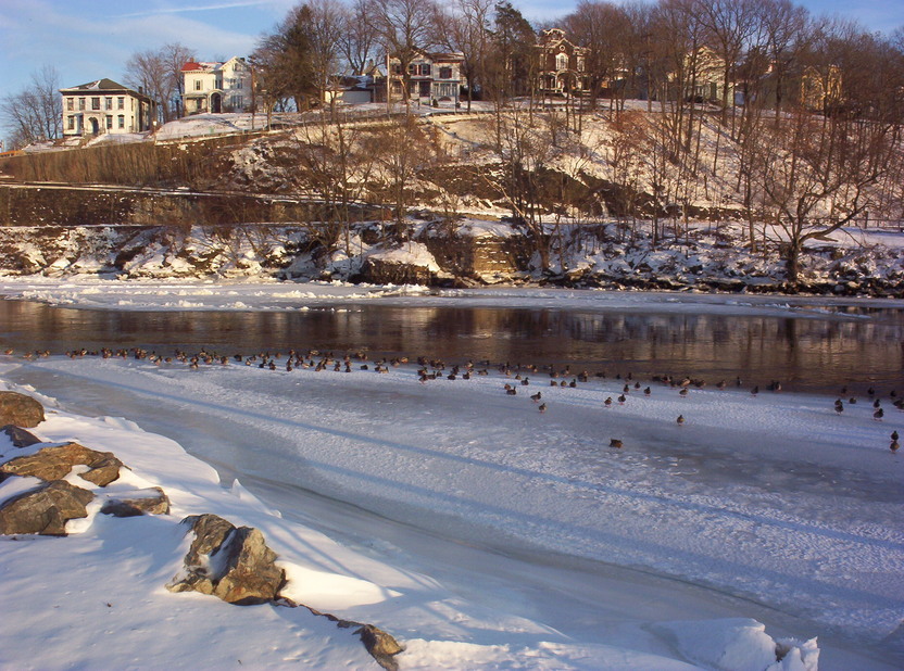 Norwich, CT: A view of the Thames, and Route 12 from the park downtown. Winter 2005