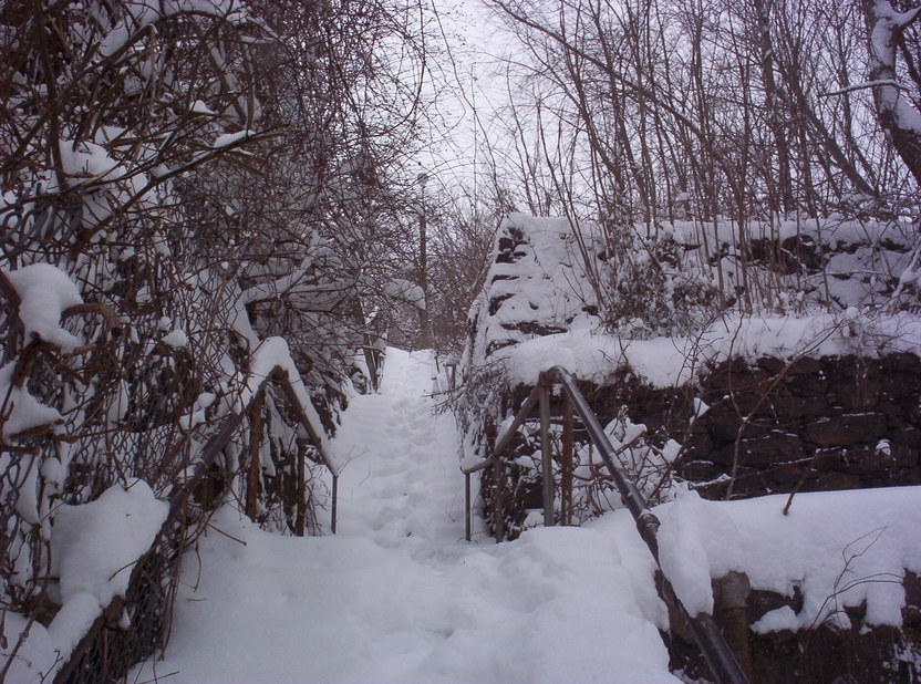 Norwich, CT: A stairway behind the Terraces apartments on Church St. Winter 2005