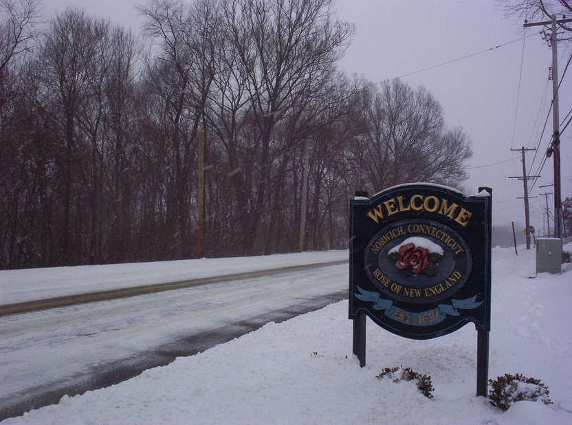 Norwich, CT: Welcome sign on Route 12 coming into Norwich. Winter 2005