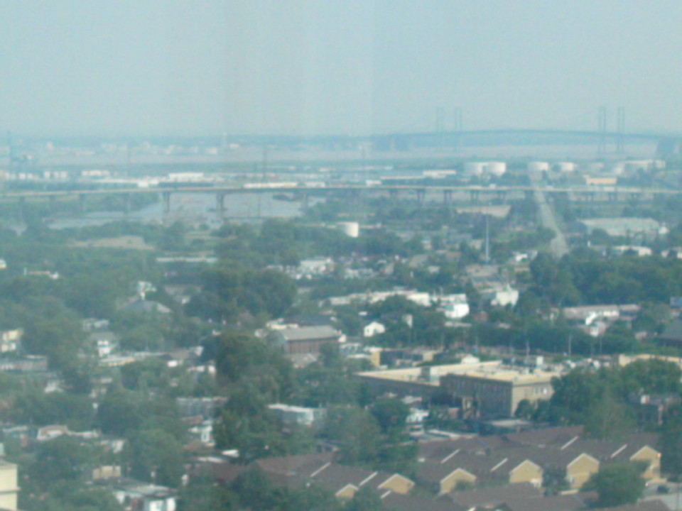 Wilmington, DE: hazy afternoon river & bridge