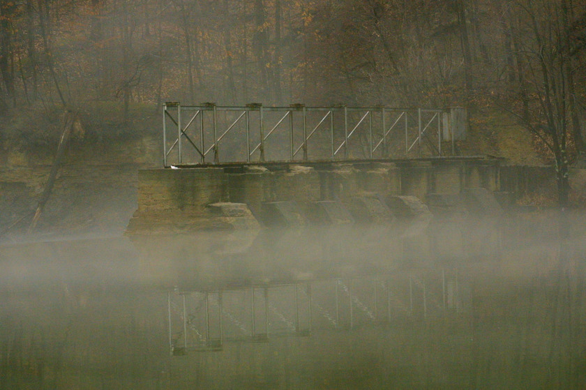 Grand Ledge, MI: Foggy Morning at the Fitzgerald Park Dam, Grand Ledge, MI.