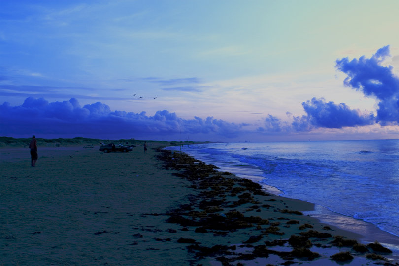 Corpus Christi, TX: Sunrise, Padre Island across the Bay from Corpus Christi