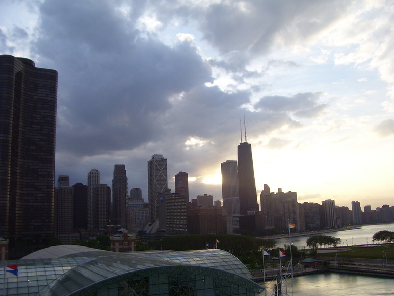 Chicago, IL: Sunset and a moving weatherfront over the skyline from the Navy Pier ferris wheel.