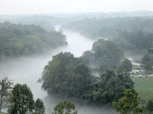 Cumming, GA: Fog winding through the Chattahoochee river below the dam