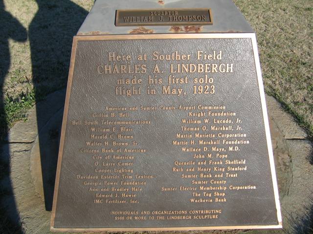 Americus, GA: Plaque on Charles Lindbergh sculpture, Souther Field, Americus, Georgia