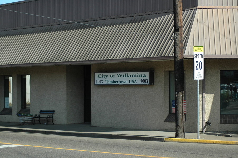 Willamina, OR: Sign on building, 100 year birthday of Willamina, 1903 to 2003, Timbertown USA