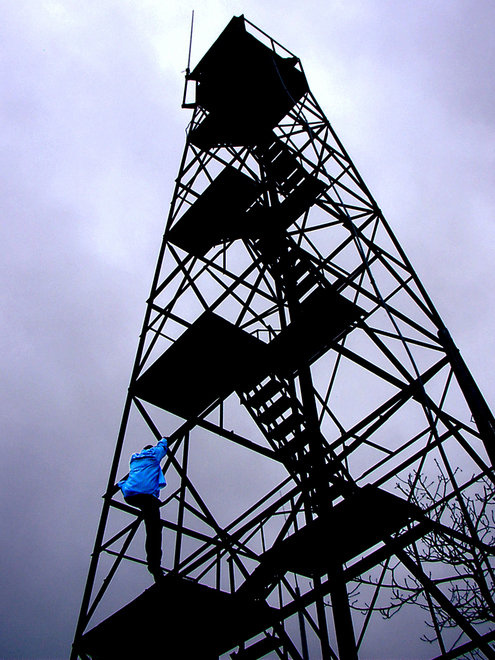 Sandy Ridge, PA: My Brother climbing the outside of the fire tower atop Sandy Ridge mountain.