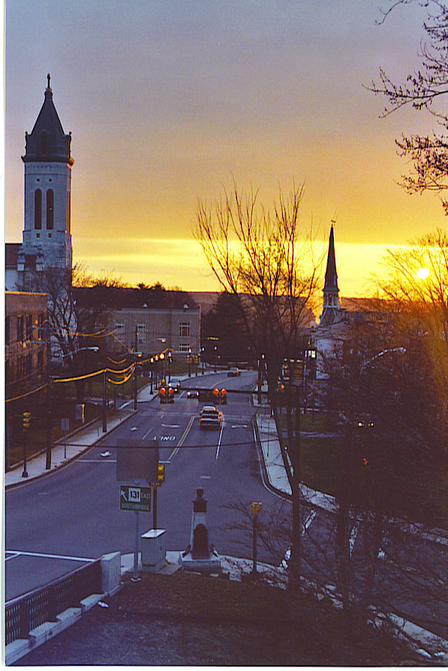 Southbridge, MA: Looking down Main Street at Sunrise. In the distance is Notre Dame Church- one of the largest in New England