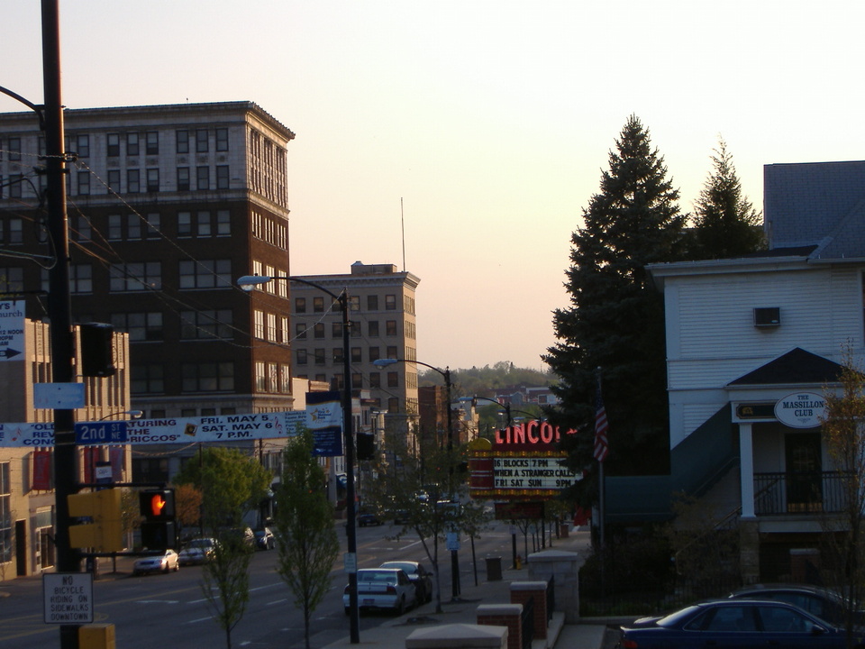 Massillon, OH: This is the view the former Lincoln Highway as it passes through downtown Massillon, as seen from the steps of the Massillon Public Library. In the shot is the marquee of the Lincoln Theater; the only surviving Vaudeville-era theater in Massillon.