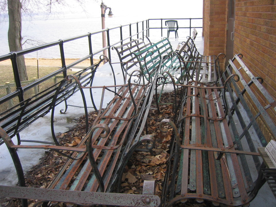 Culver, IN: park benches being prepared for storage in the fall