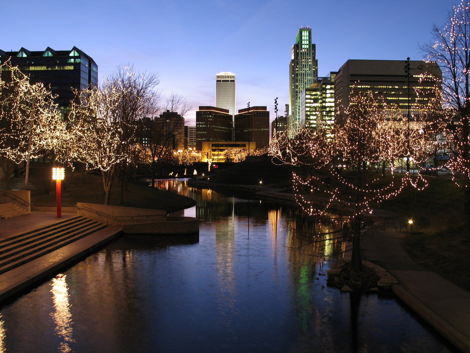 Omaha, NE: Downtown Omaha looking West from the 10th St bridge over the Gene Leahy Mall during the Holiday Lights Festival 2005-2006