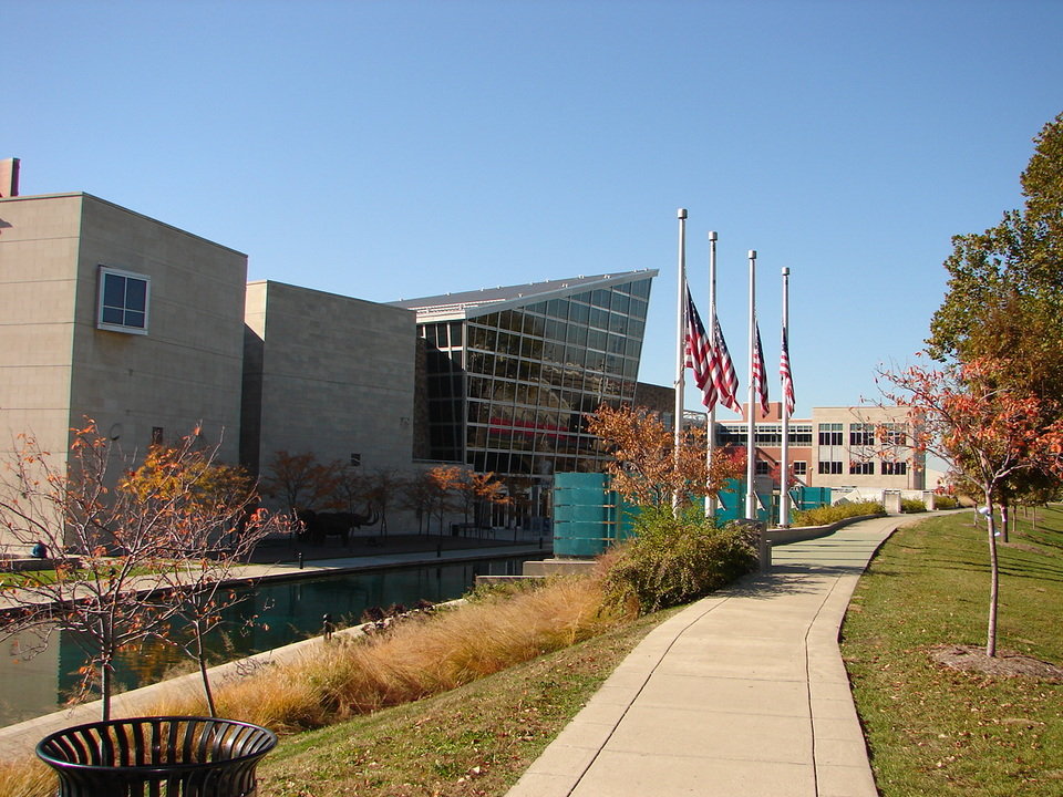 Indianapolis, IN: Indiana State Museum, flags at half staff for Rosa Parks, Nov. 2005