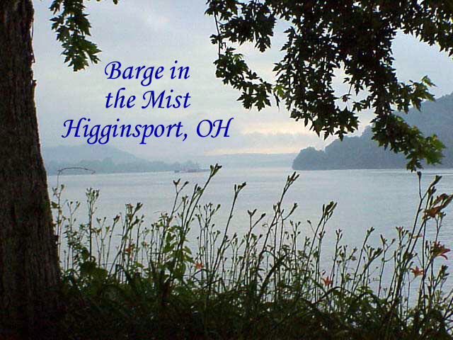 Higginsport, OH: Barge in the mist on Ohio River at Higginsport, Ohio