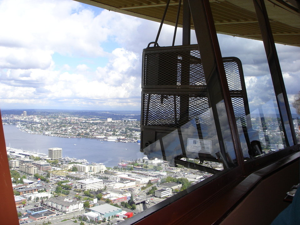 Seattle, WA: Window washing cage, Space Needle, Seattle, Washington
