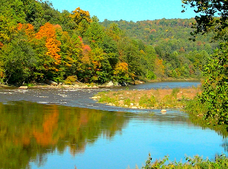 Kingwood, WV: Fall Foilage emerges along the Cheat River just outside of Kingwood.