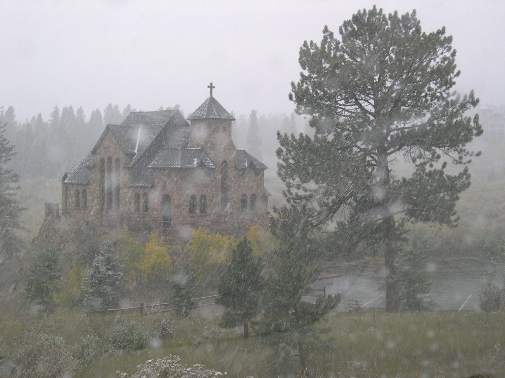 Estes Park, CO: St. Malo Chapel in the early fall snow
