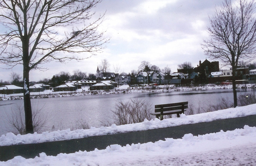 Thompsonville, CT: This is a view of across the Freshwater pond on a winter's day