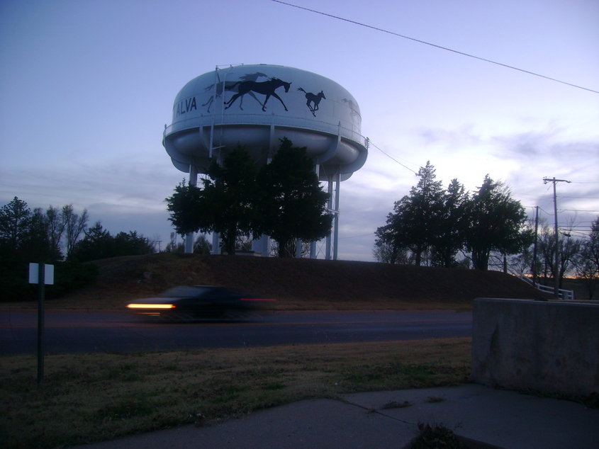 Alva, OK: water tower at dusk