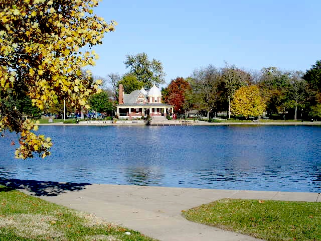Pekin, IL: Lagoon and Pavilion at Mineral Springs Park. Sidewalk leading into picture.