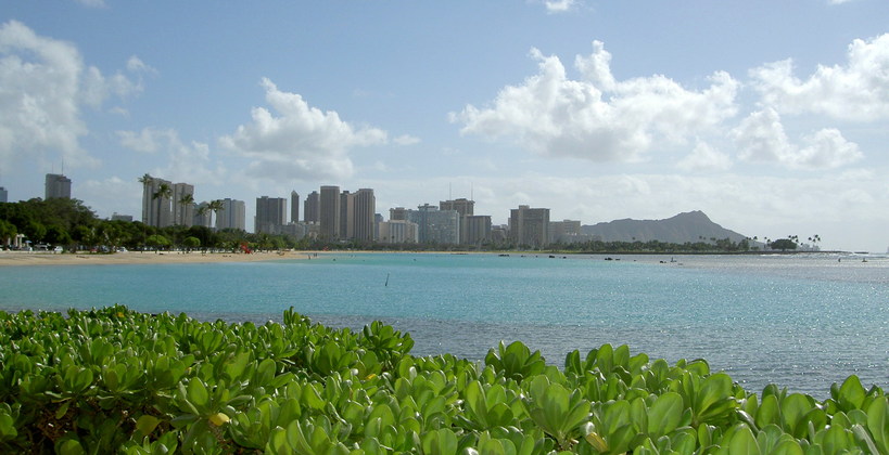 Honolulu, HI: View of Ala Moana Beach and Waikiki with Diamond Head in the background.