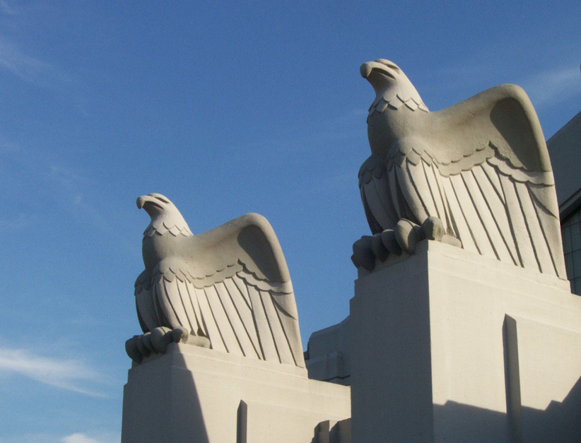 Sycamore, IL: Art Deco Eagles on top of the Sycamore Armory Building