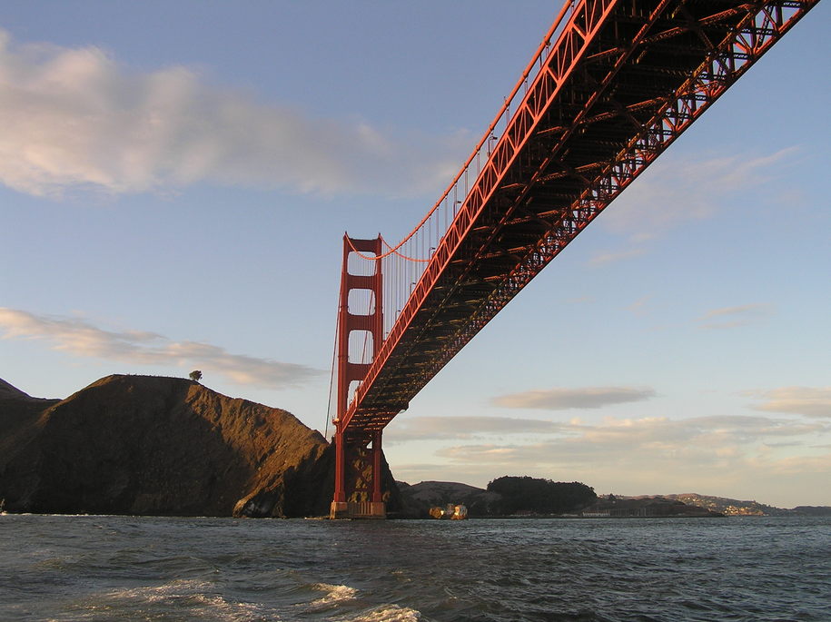 San Francisco, CA: Golden Gate Bridge, from sunset catamaran cruise, San Francisco
