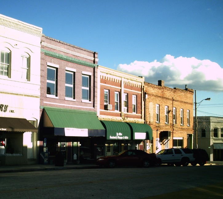 Liberty, SC Colorful stairstep storefronts in Commerce Street