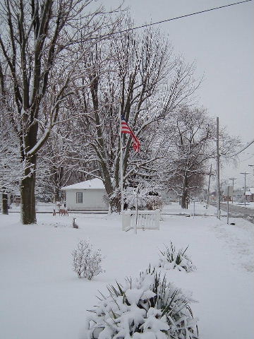 Center, MO: Old Glory waves proudly during an early snowfall.
