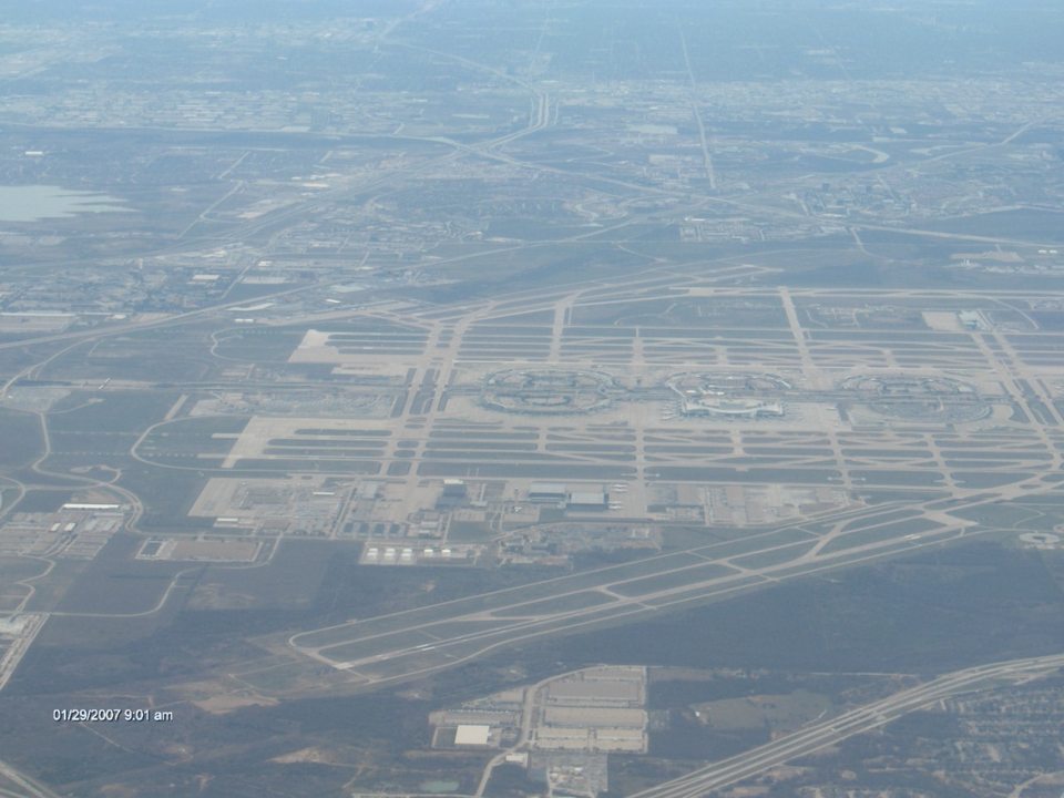 Dallas, TX: Dallas - Ft Worth Airport from 21,000 Feet showing all Terminals