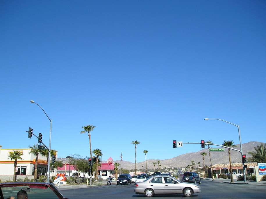 Desert Hot Springs, CA: palm drive & two bunch palms, center of city