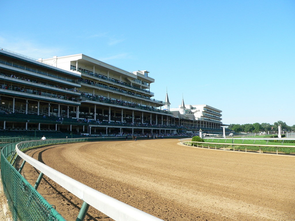 Louisville, KY: The grandstand and racetrack from the first corner of Churchill Downs.