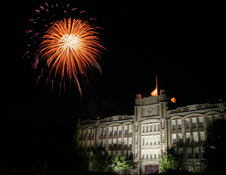 Chicopee, MA: Fireworks explode over the old Chicopee High School.